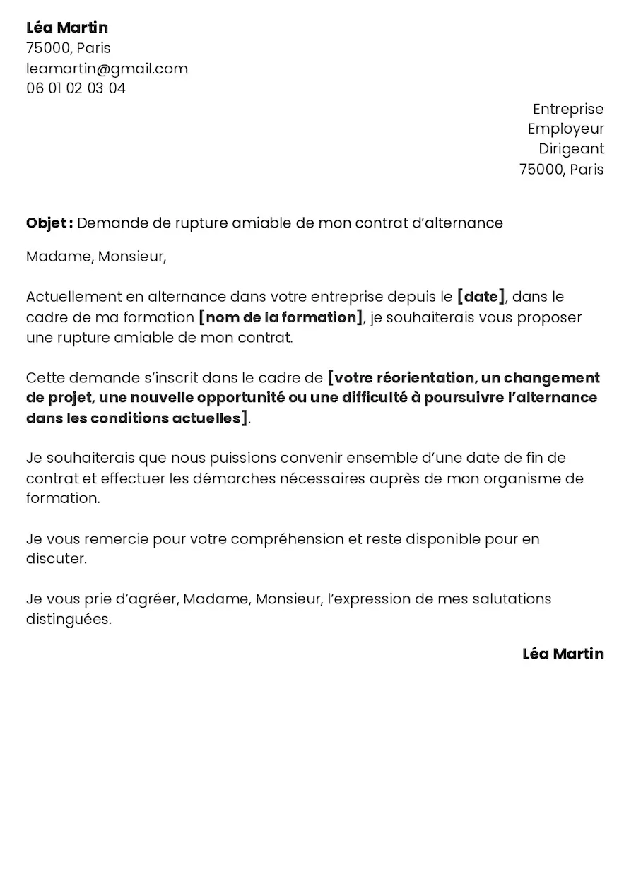 exemple de lettre de démission alternance pour une rupture à l'amiable