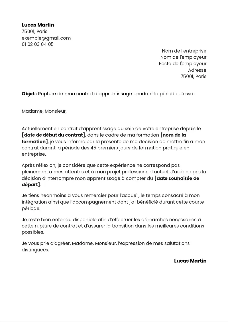modèle de lettre de demission d'un apprentissage pendant les 45 premiers jours