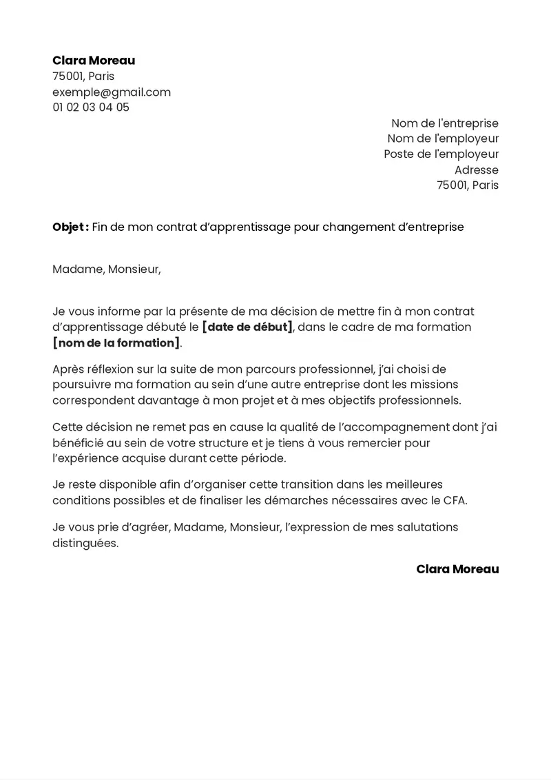 modèle de lettre de demission d'un apprentissage pour un changement d'entreprise