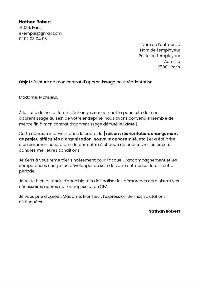 modèle de lettre de demission d'un apprentissage d'un commun accord