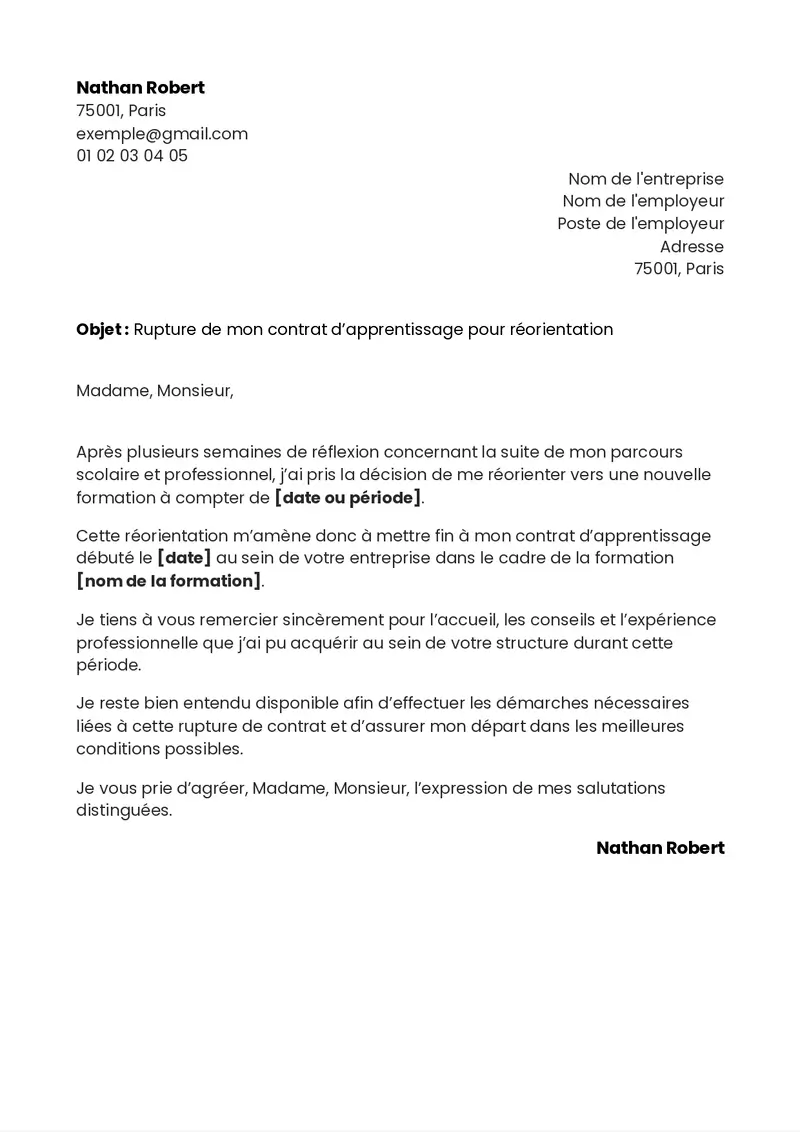 modèle de lettre de demission d'un apprentissage pour une réorientation scolaire