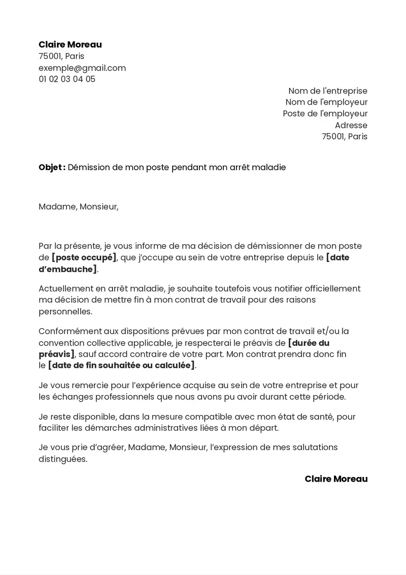 exemple de lettre de démission pour raisons personnelles pendant un arrêt maladie