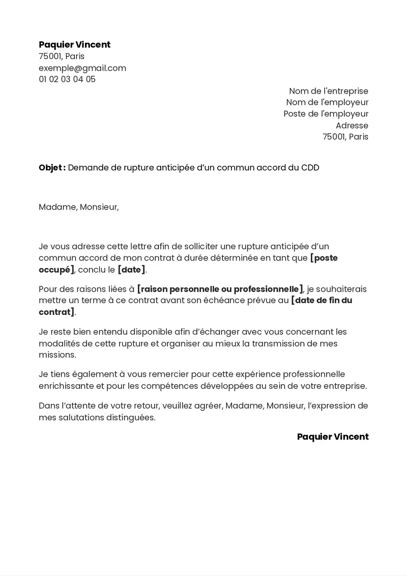 Modèle de lettre de rupture de CDD d’un commun accord