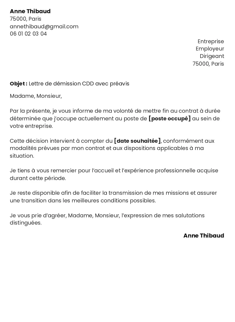 Exemple de lettre de démission avec préavis pour un contrat en CDD