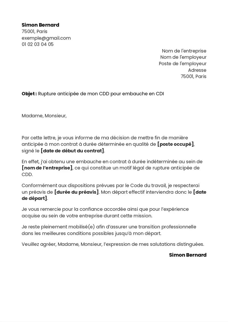 Exemple de lettre de rupture de CDD pour embauche en CDI