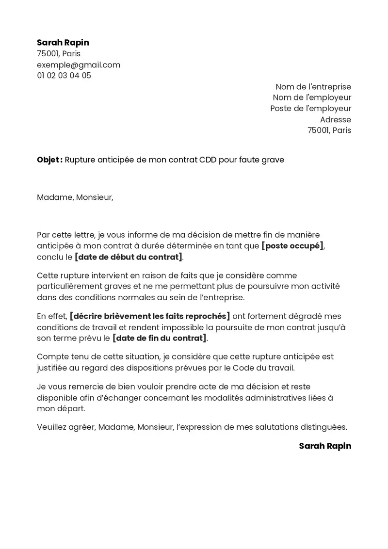 Exemple de lettre de rupture de CDD pour faute grave de l’employeur