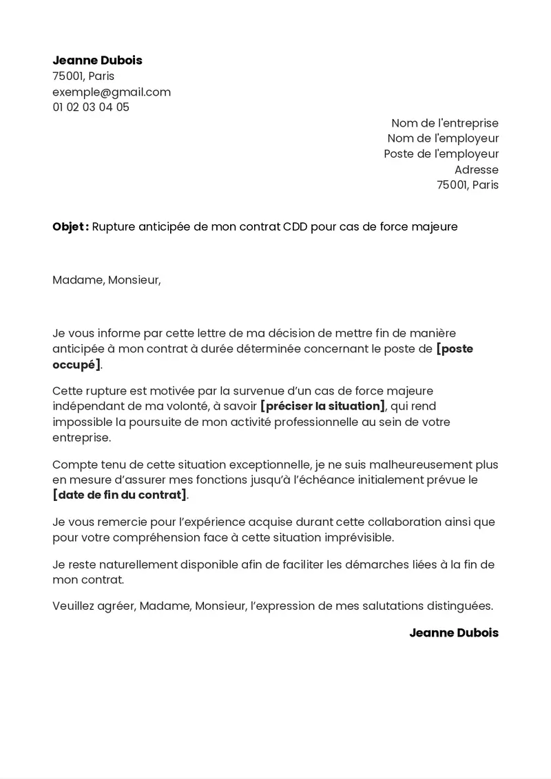 Modèle de lettre de rupture de CDD pour force majeure