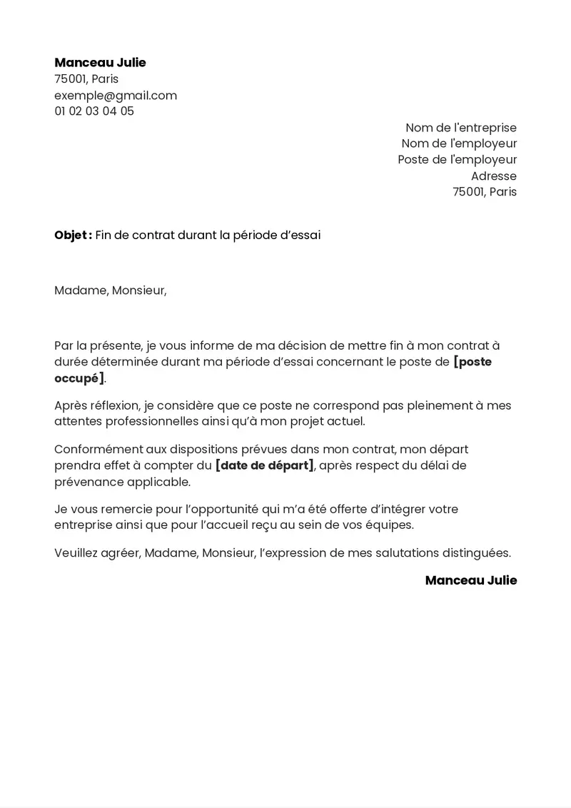 Lettre de rupture de CDD pendant la période d’essai