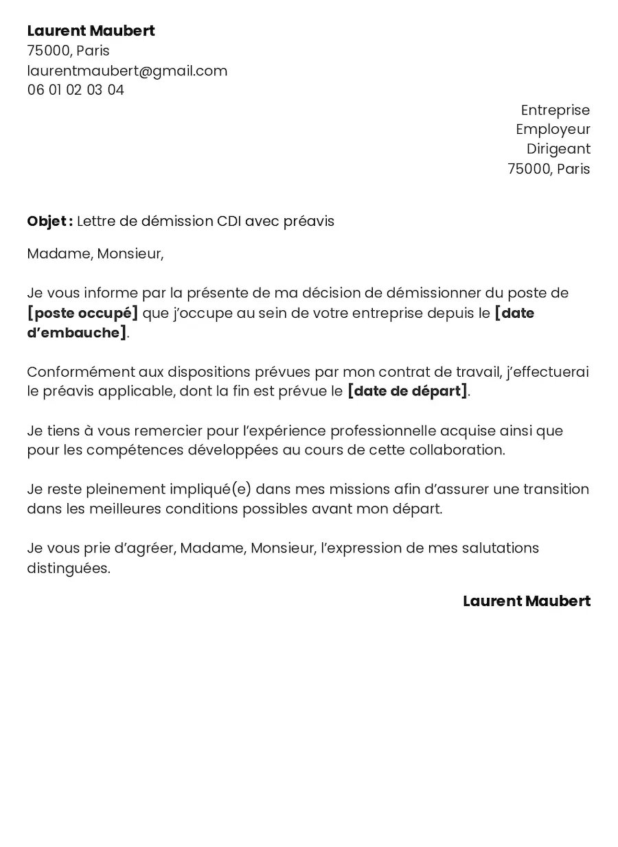 exemple de lettre de démission CDI avec préavis