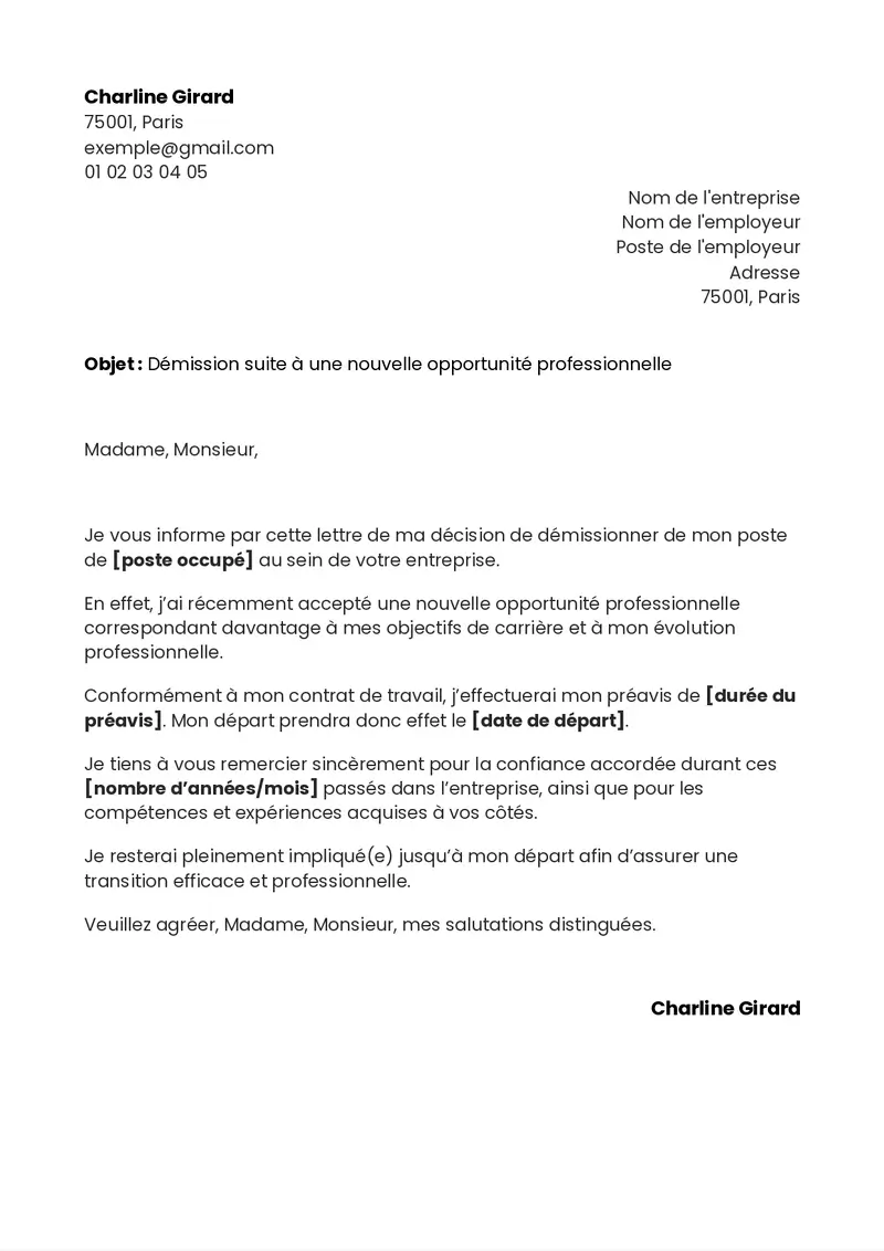 Lettre de démission CDI pour un nouvel emploi