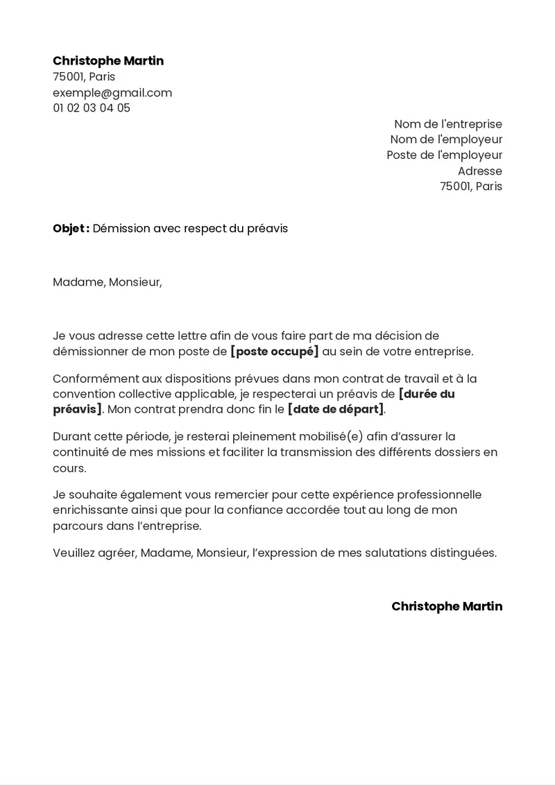 Modèle de lettre de démission CDI avec préavis