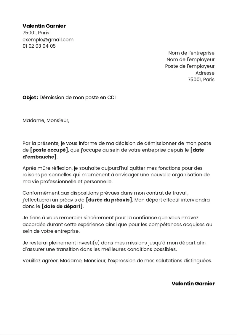 Exemple de lettre de démission CDI pour raison personnelle