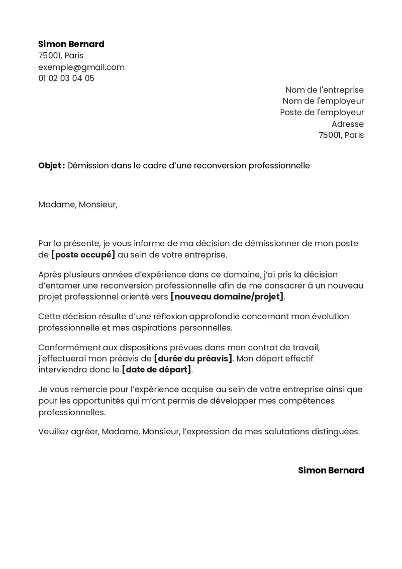 Modèle de lettre de démission CDI pour reconversion professionnelle