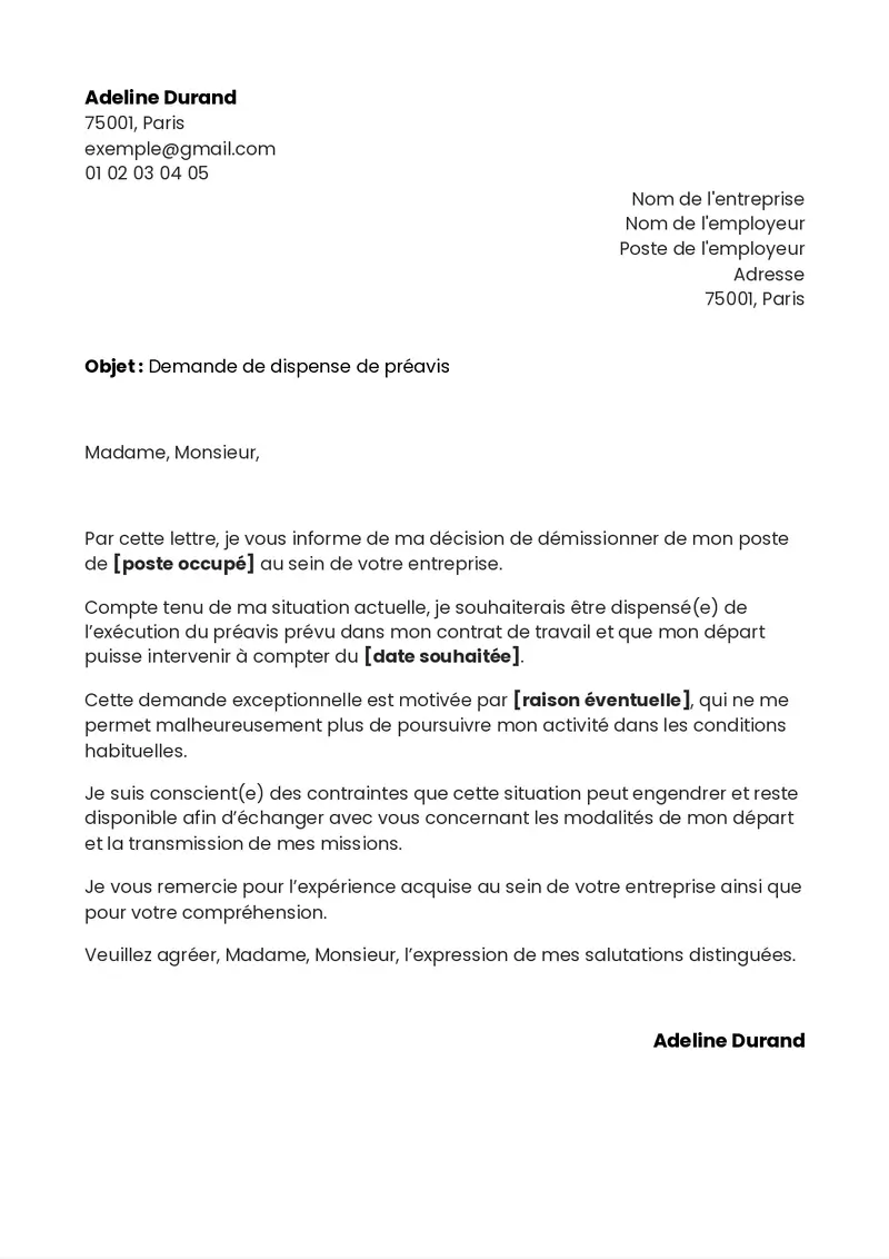 Exemple de lettre de démission CDI sans préavis