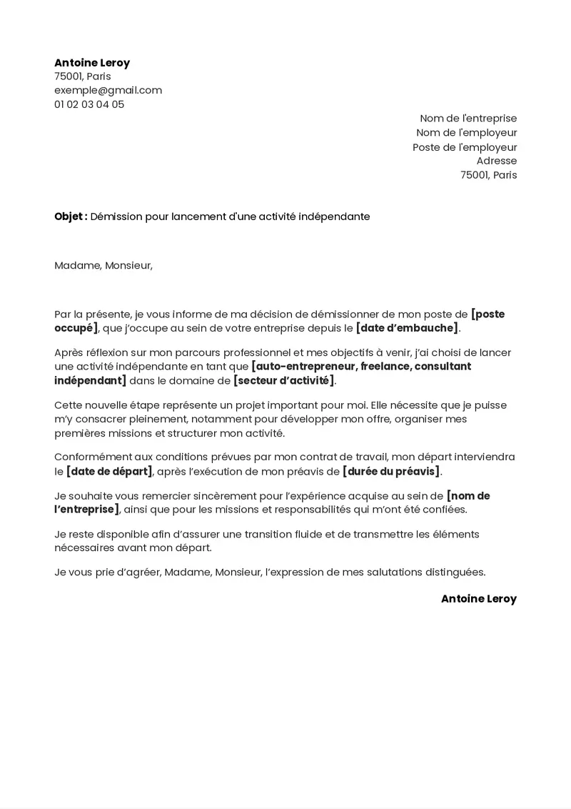 modèle de lettre de démission pour devenir auto-entrepreneur ou freelance