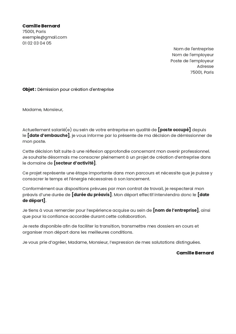 exemple classique de lettre de démission pour création d'entreprise