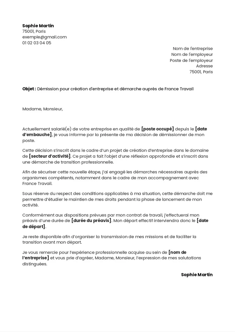 exemple de lettre de démission création d'entreprise avec maintien des droits France Travail