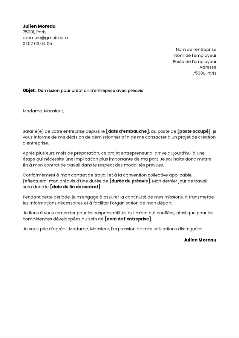 modèle de lettre de démission pour création d'entreprise avec préavis