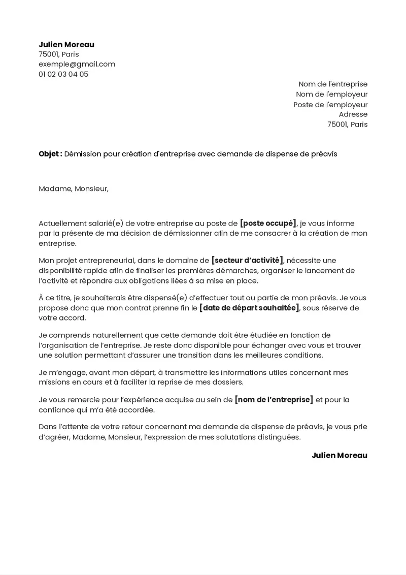 exemple de lettre de démission pour création d'entreprise sans préavis