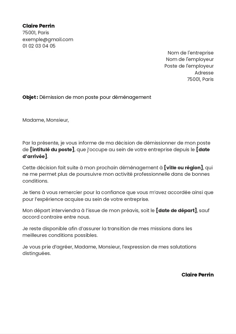 exemple de lettre de démission pour déménagement