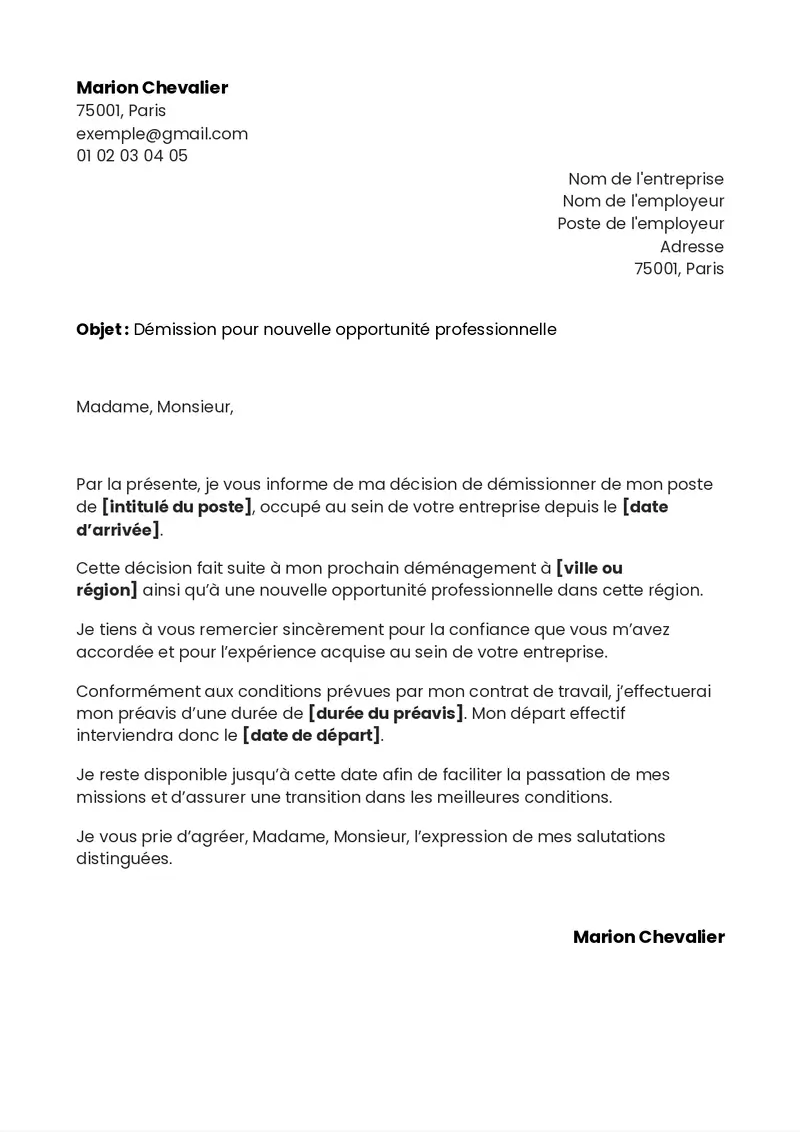 exemple de lettre de démission pour déménagement et nouvel emploi
