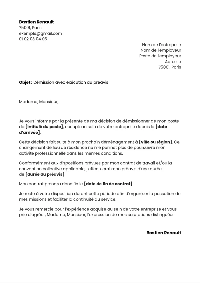 modèle de lettre de démission pour déménagement avec préavis