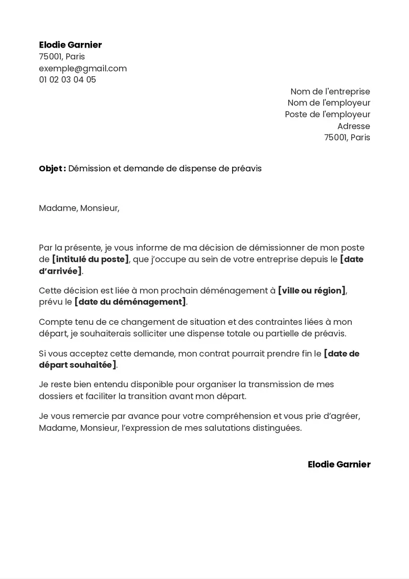 exemple de lettre de démission pour déménagement avec demande de dispense de préavis