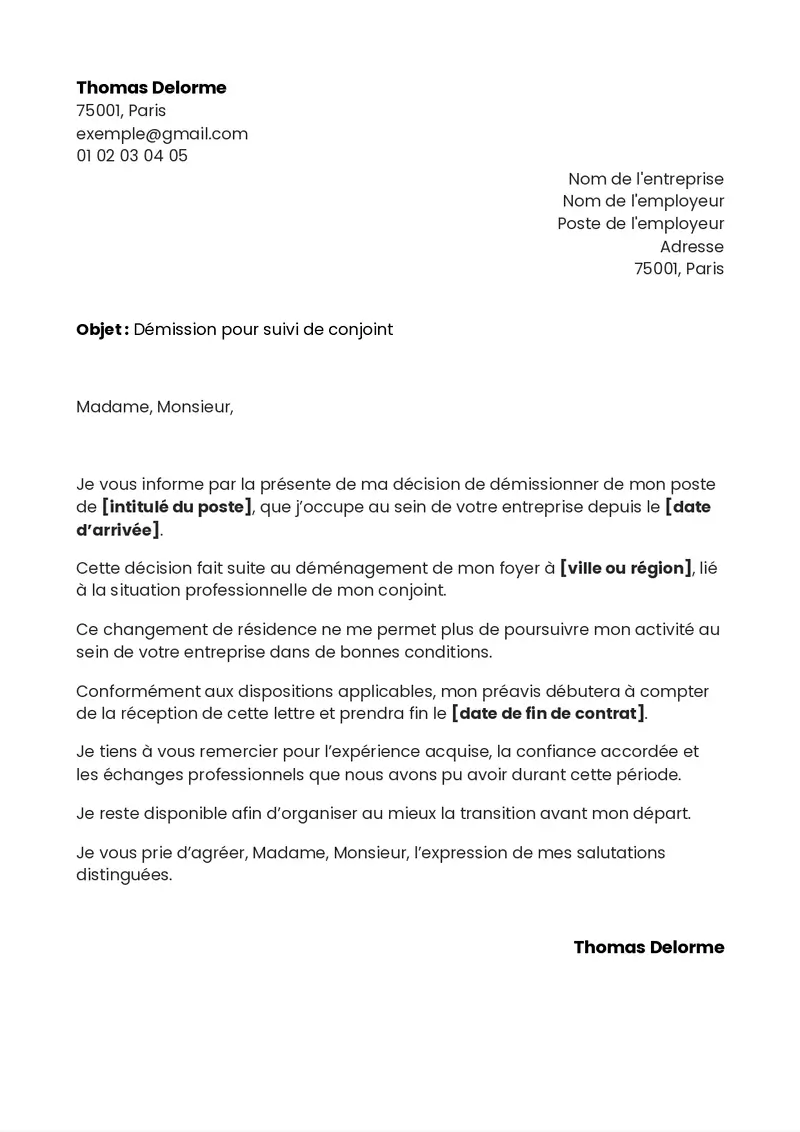 modèle de lettre de démission pour suivre son conjoint après un déménagement