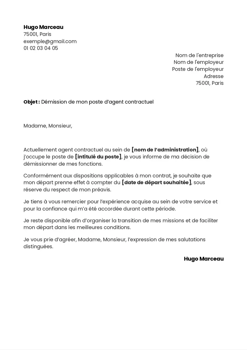 template de lettre de démission pour un agent contractuel de la fonction publique