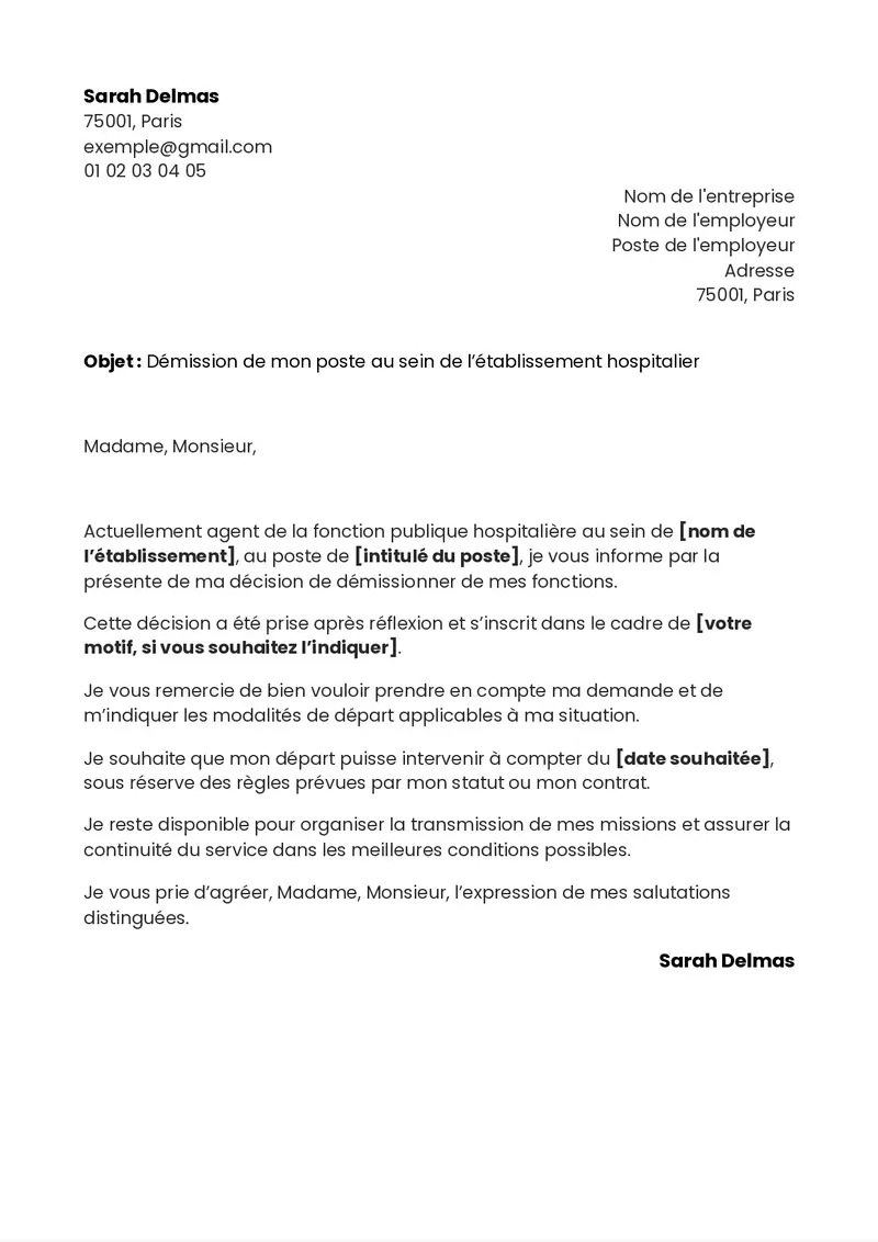 exemple de lettre de démission pour la fonction publique hospitalière