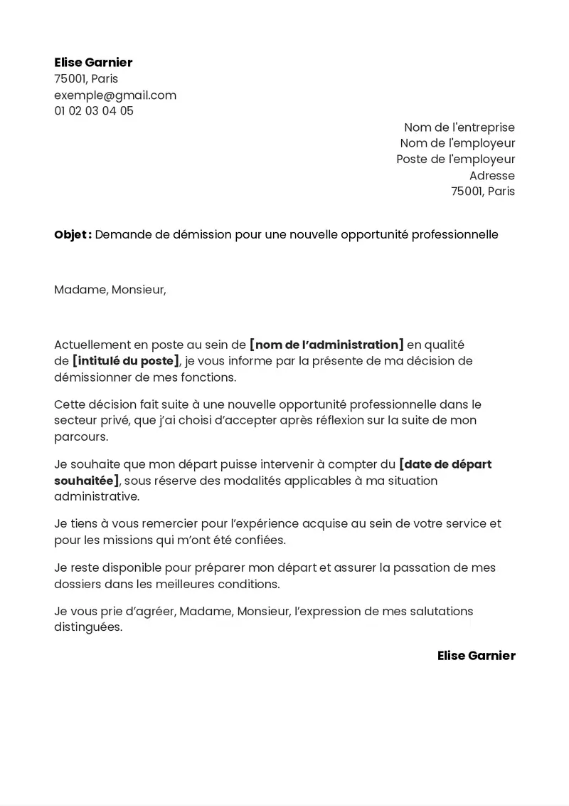 exemple de lettre de démission de la fonction publique pour rejoindre le secteur privé