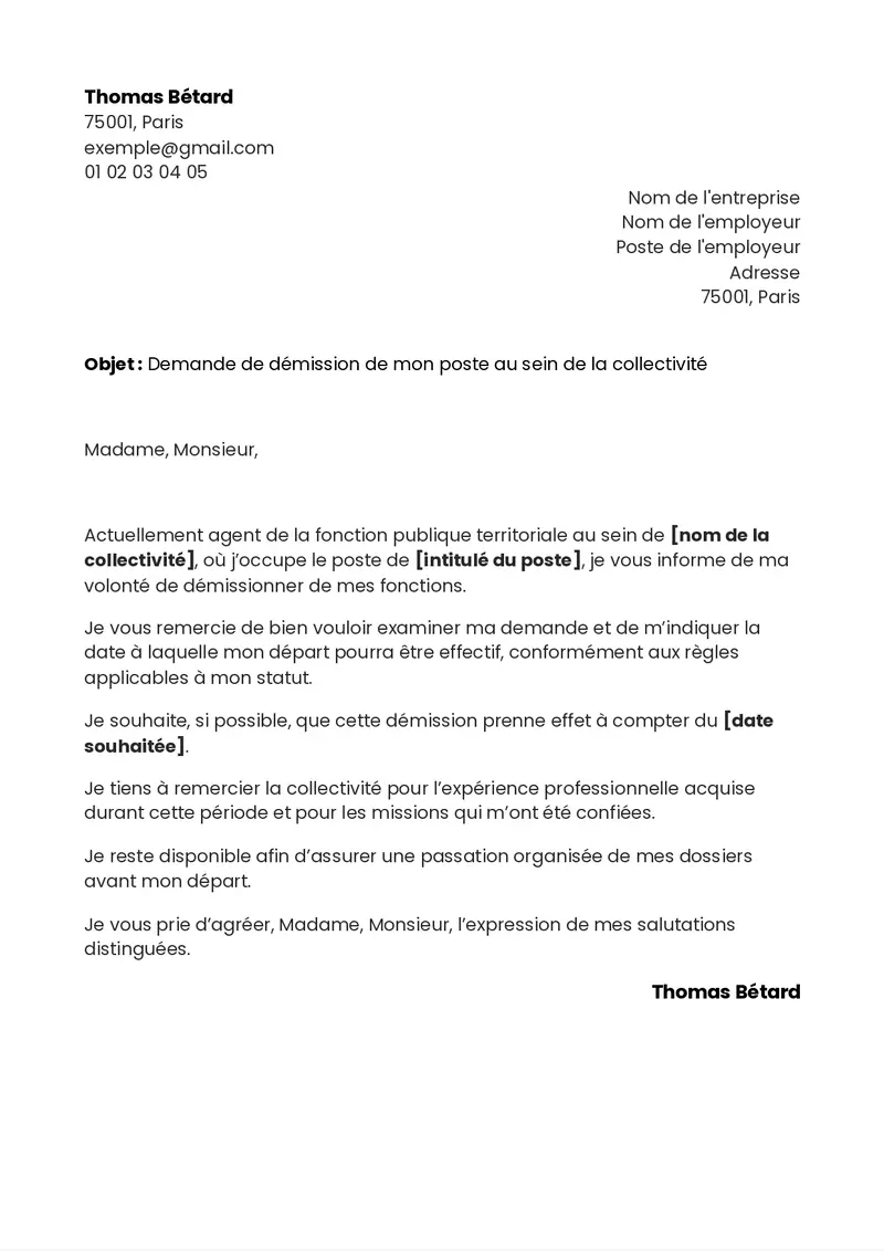 modèle de lettre de démission pour la fonction publique territoriale