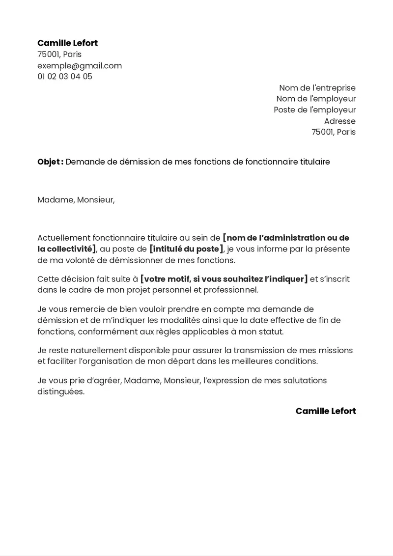 exemple de lettre de démission pour un fonctionnaire titulaire