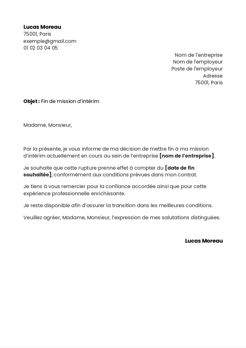 Exemple de lettre de démission intérim classique