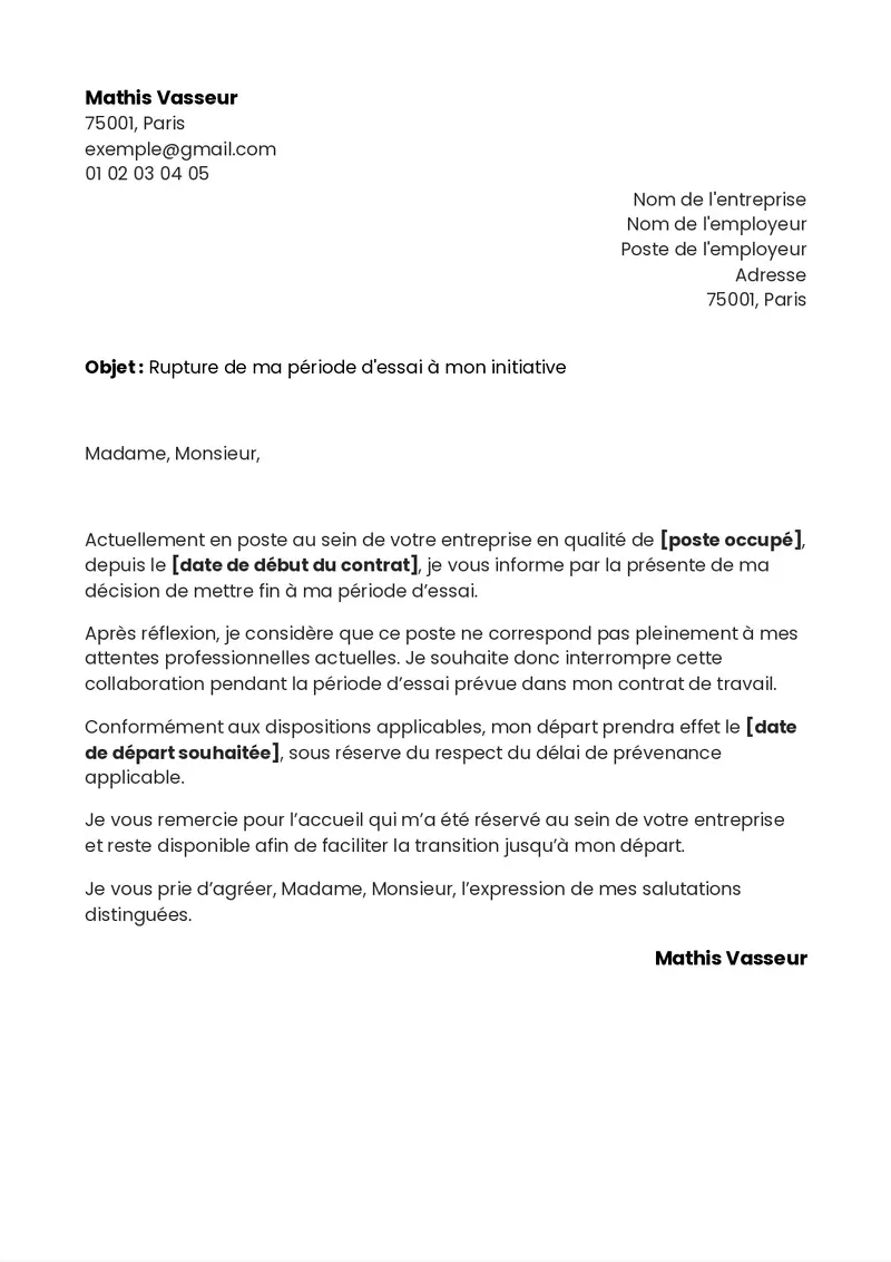 exemple de lettre de démission pendant la période d'essai classique