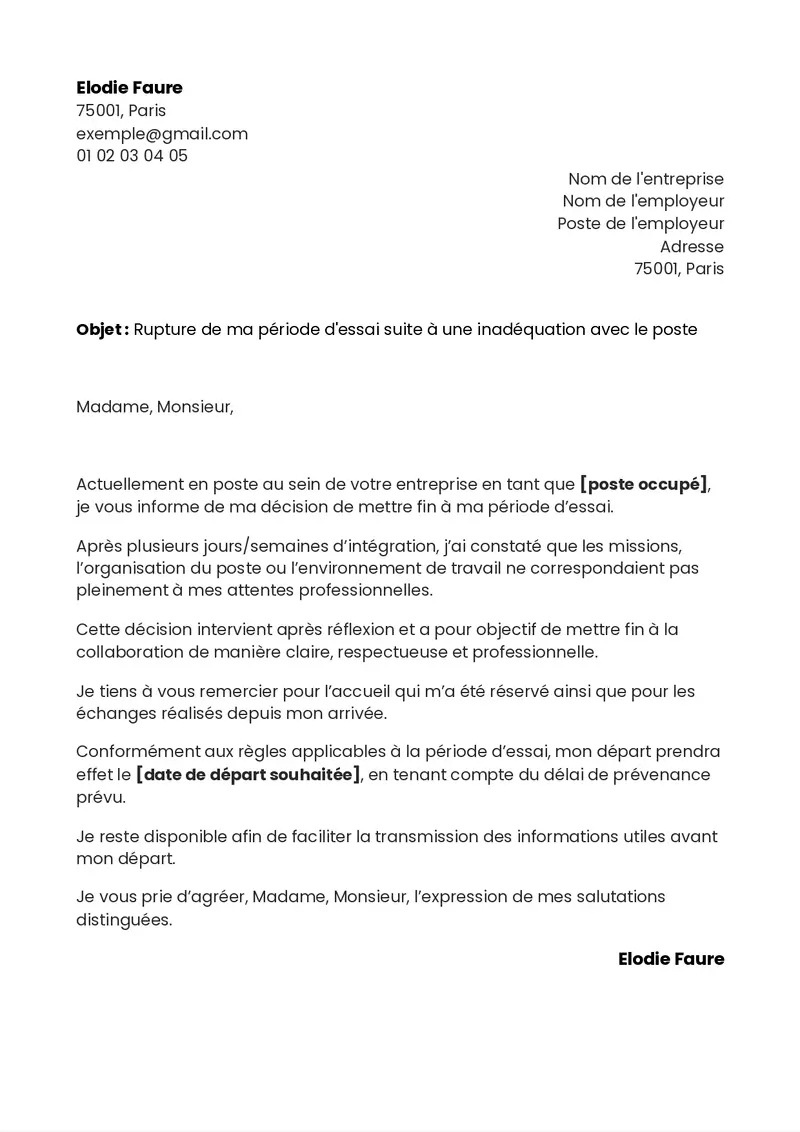modèle de lettre de démission pendant la période d'essai pour incompatibilité avec le poste