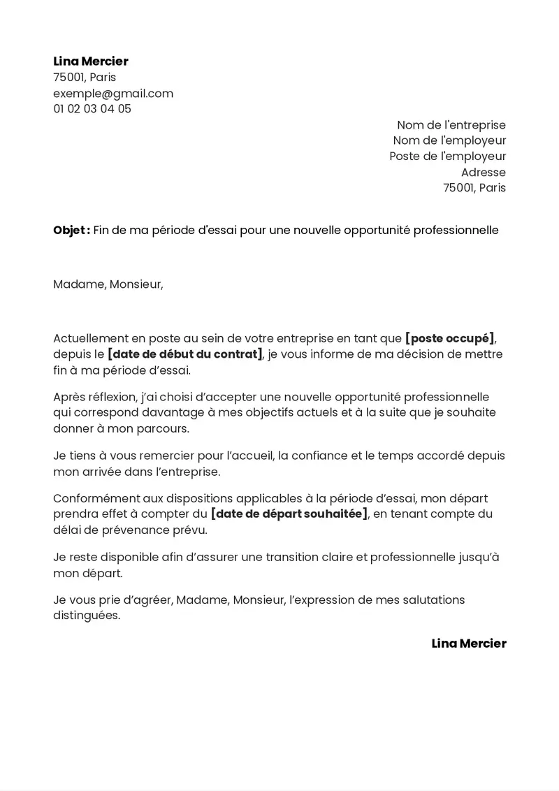 template d'une lettre de démission pendant la période d'essai pour un nouvel emploi