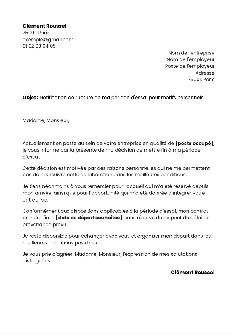 exemple de lettre de démission pendant la période d'essai pour raisons personnelles