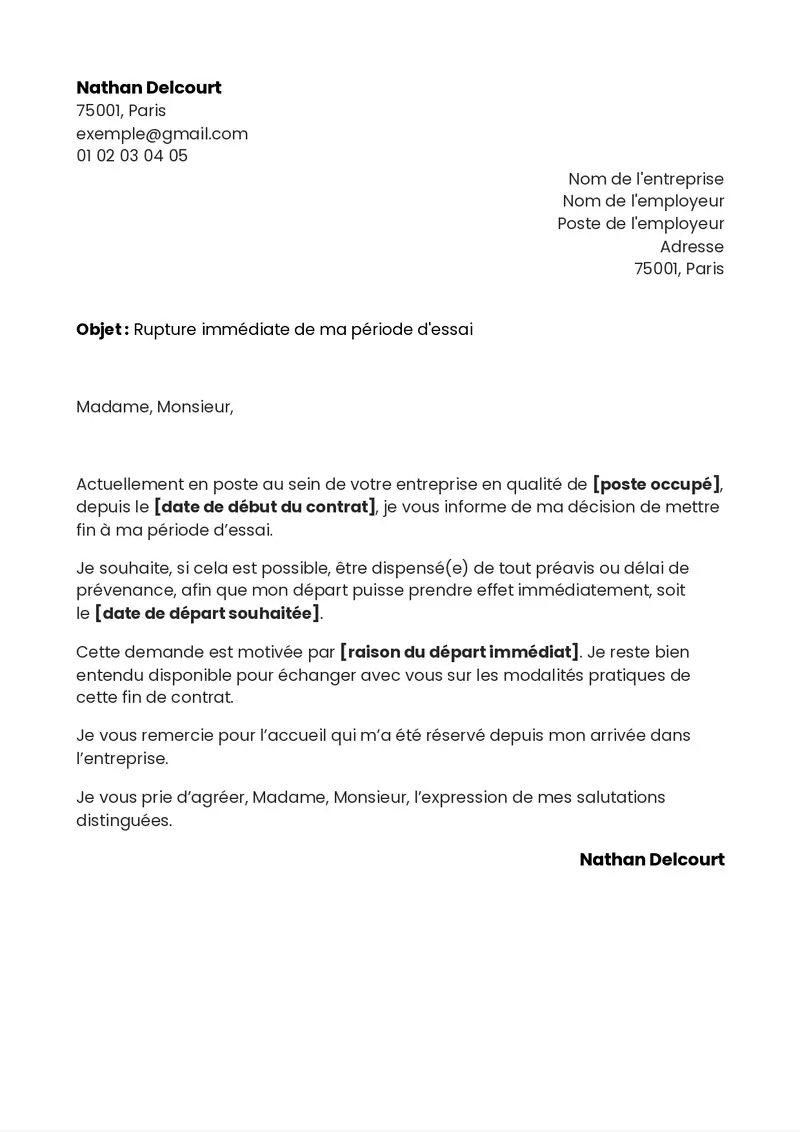 exemple de lettre de démission pendant la période d'essai sans préavis
