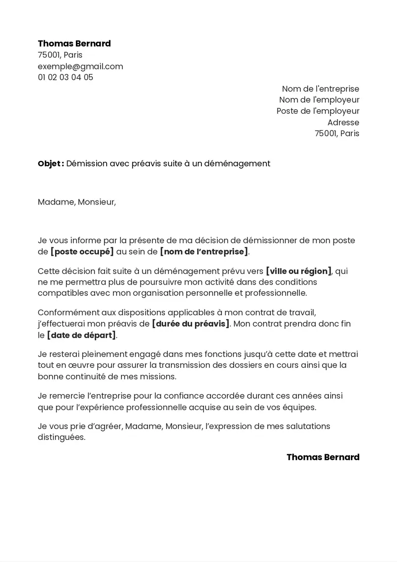 modèle de lettre de démission avec préavis pour déménagement