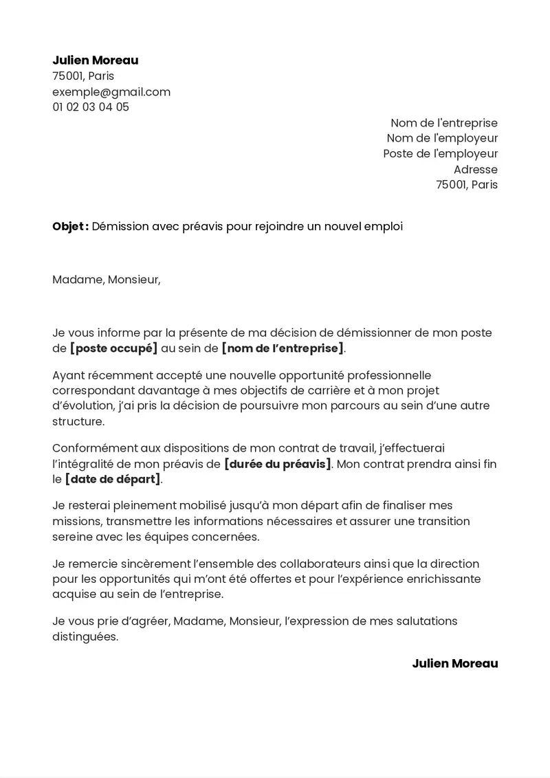 modèle de lettre de démission avec préavis pour un nouvel emploi