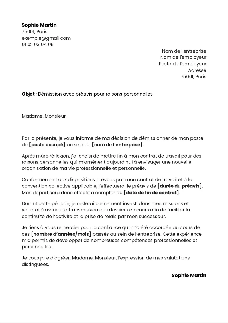 exemple de lettre de démission avec préavis pour raisons personnelles