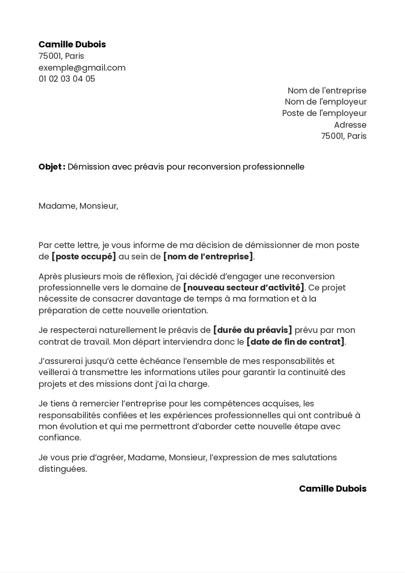 exemple de lettre de démission avec préavis pour une reconversion professionnelle