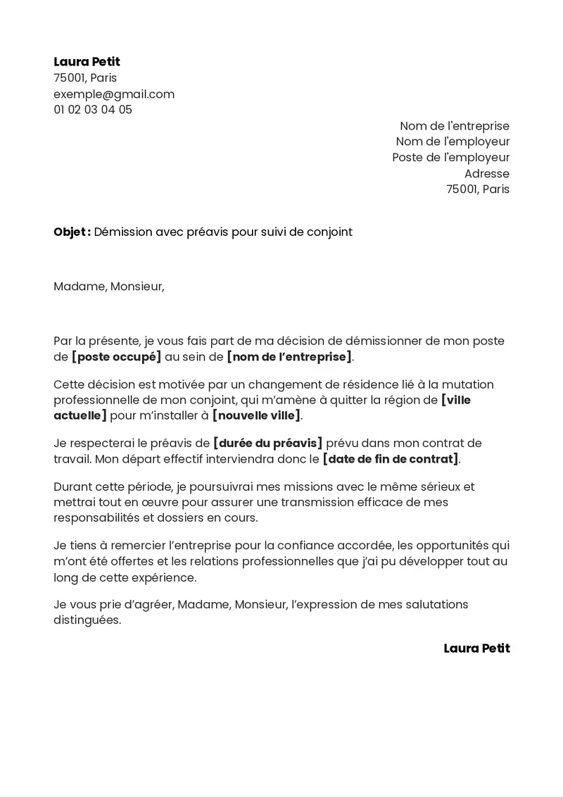 exemple de lettre de démission avec préavis pour suivi de conjoint