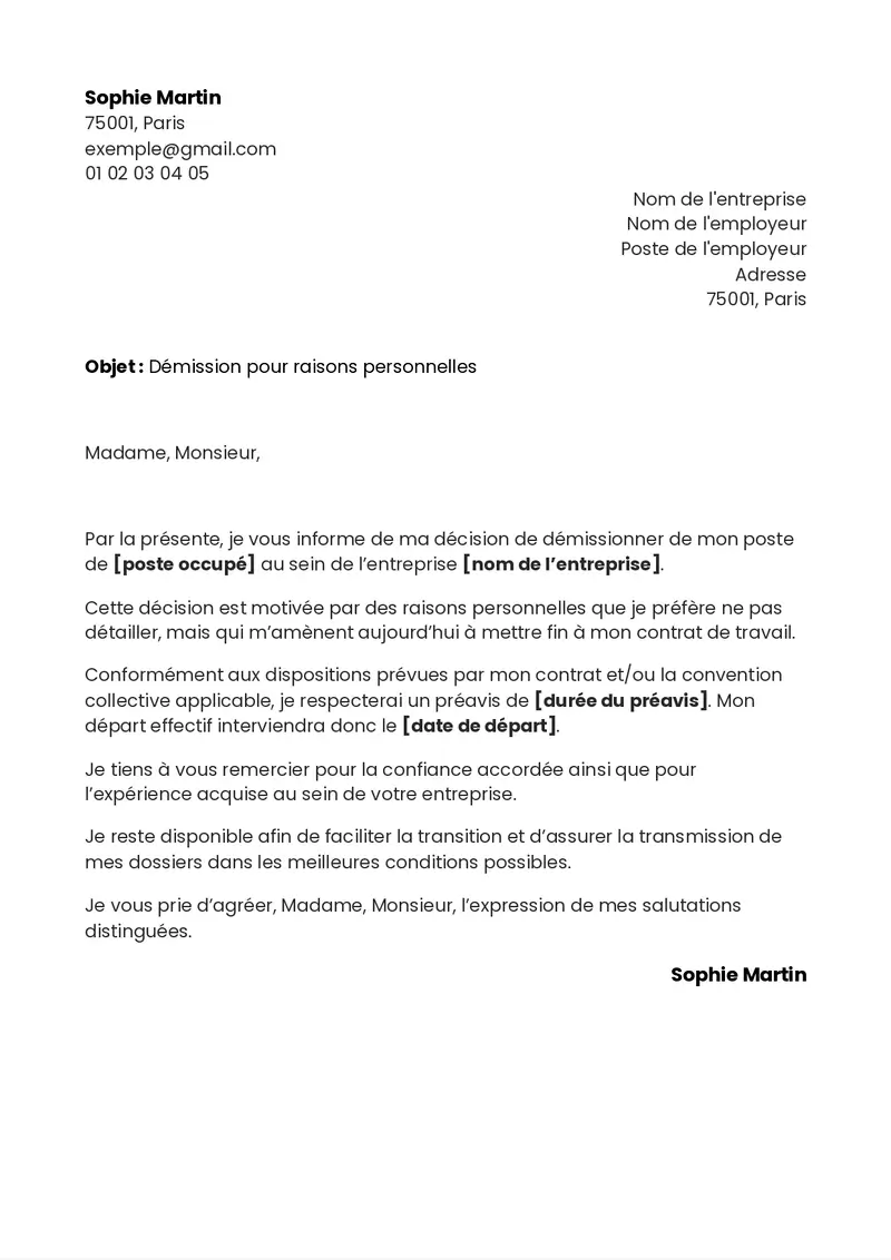 exemple classique de lettre de démission pour raisons personnelles