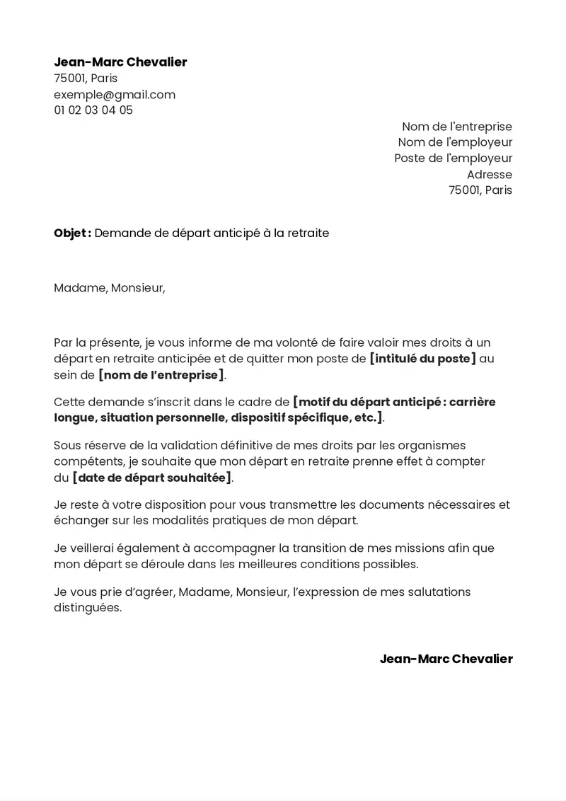 exemple de lettre de départ en retraite anticipée