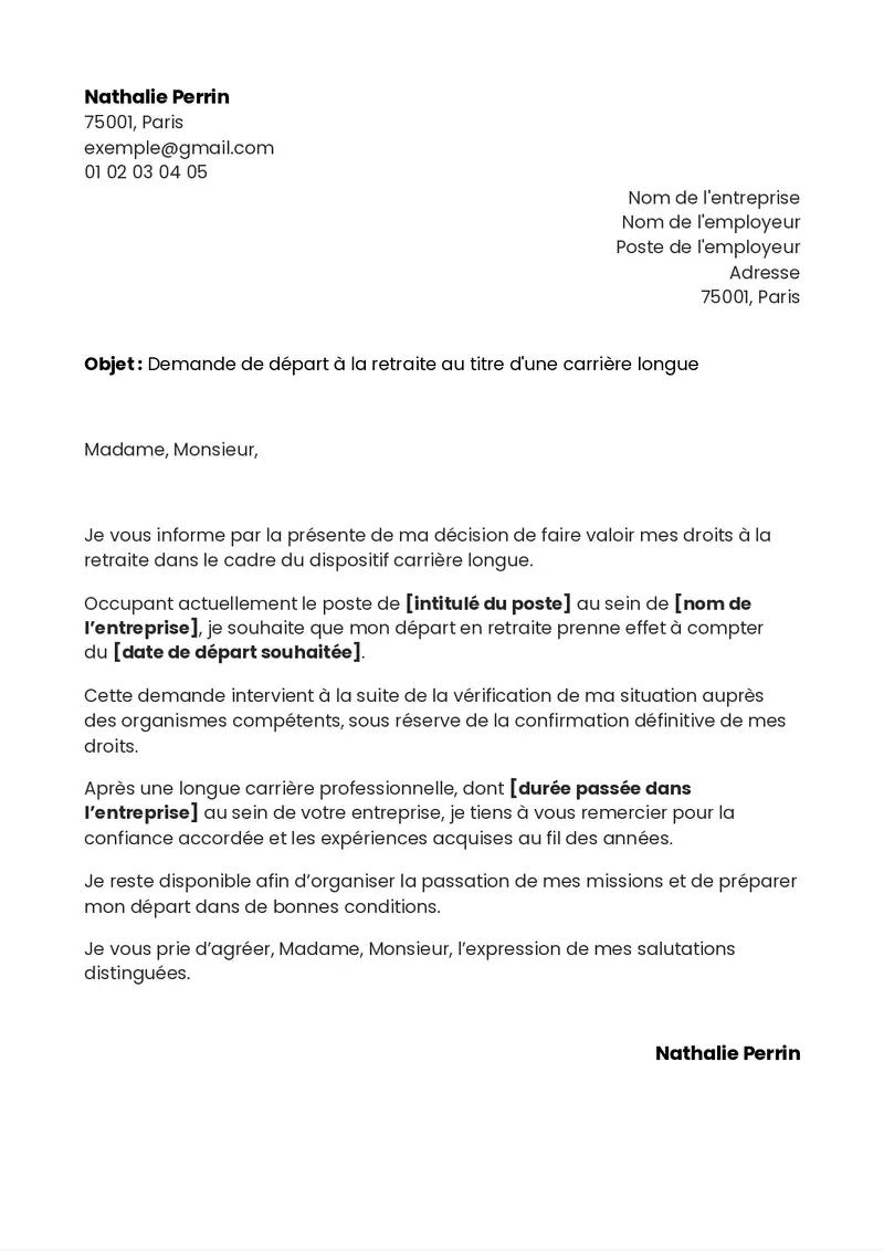 modèle de lettre de départ en retraite pour carrière longue