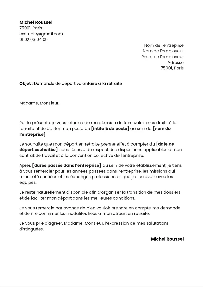 exemple de lettre de départ en retraite classique à copier