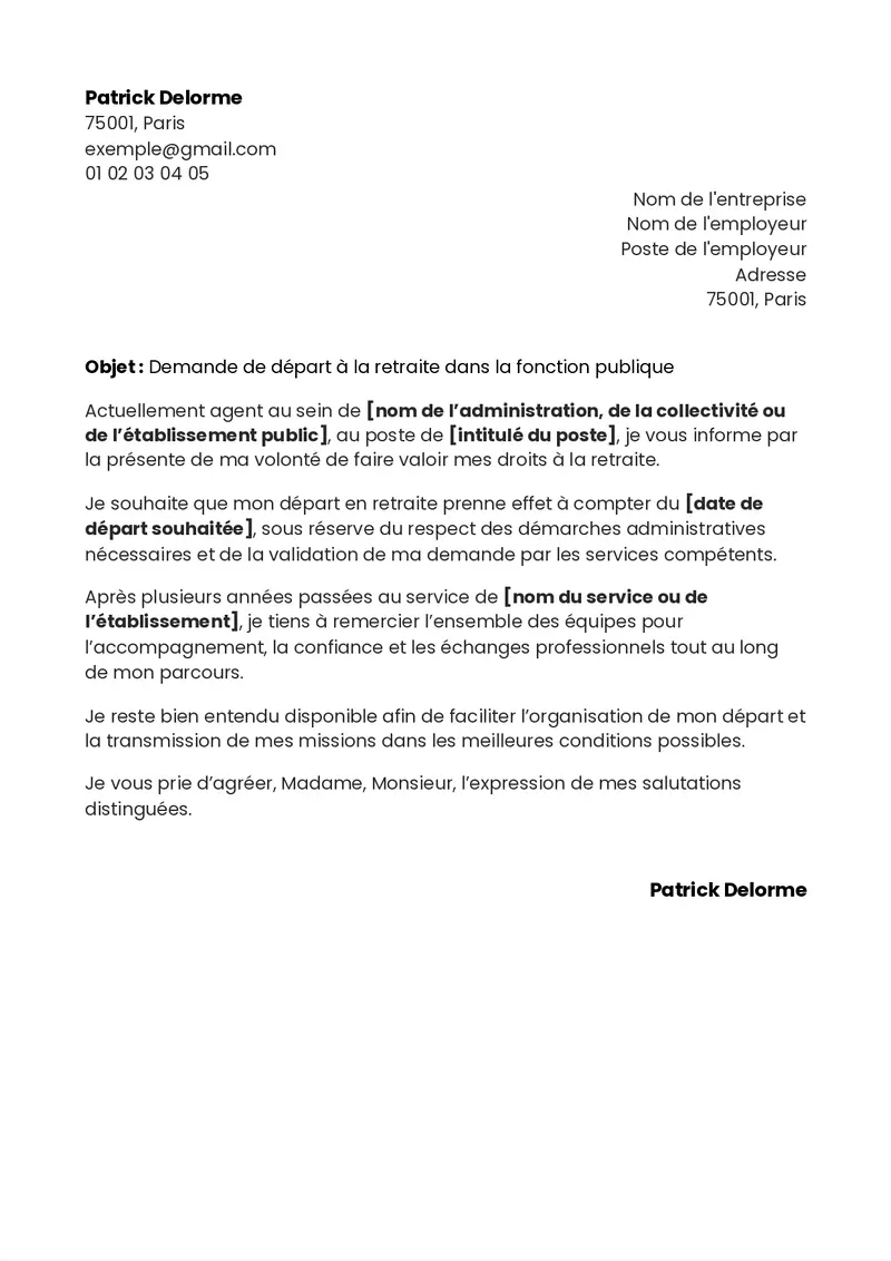 lettre de départ à la retraite à son employeur