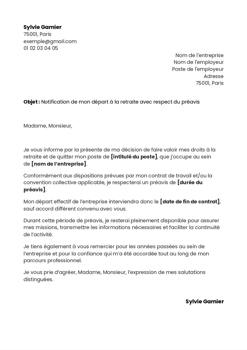 modèle de lettre de départ en retraite avec préavis